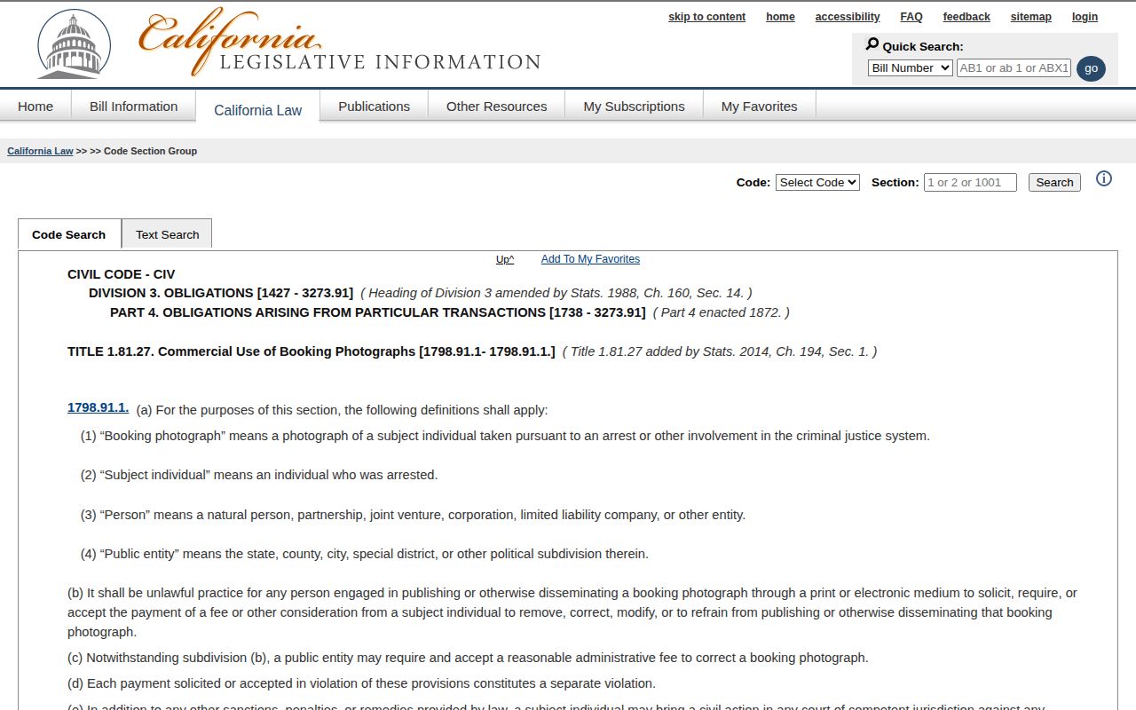 California law governing Solano County booking photograph removal fees