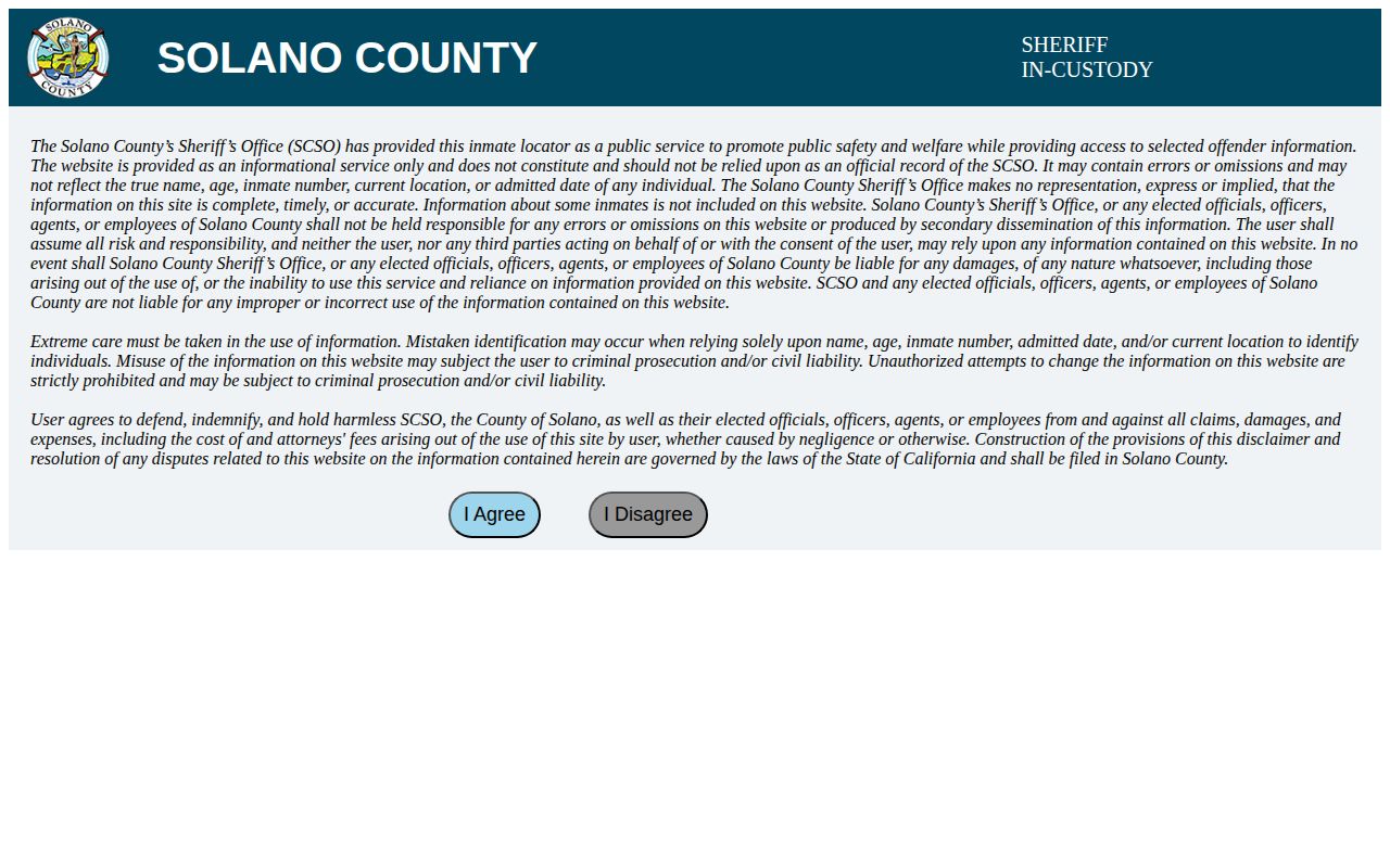 Solano County jail roster and current custody record search