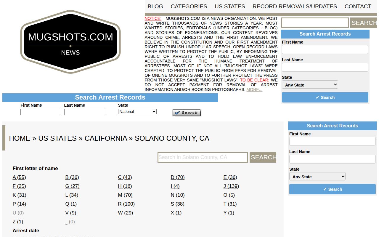 Unofficial Solano County mugshot archive search interface on Mugshots.com