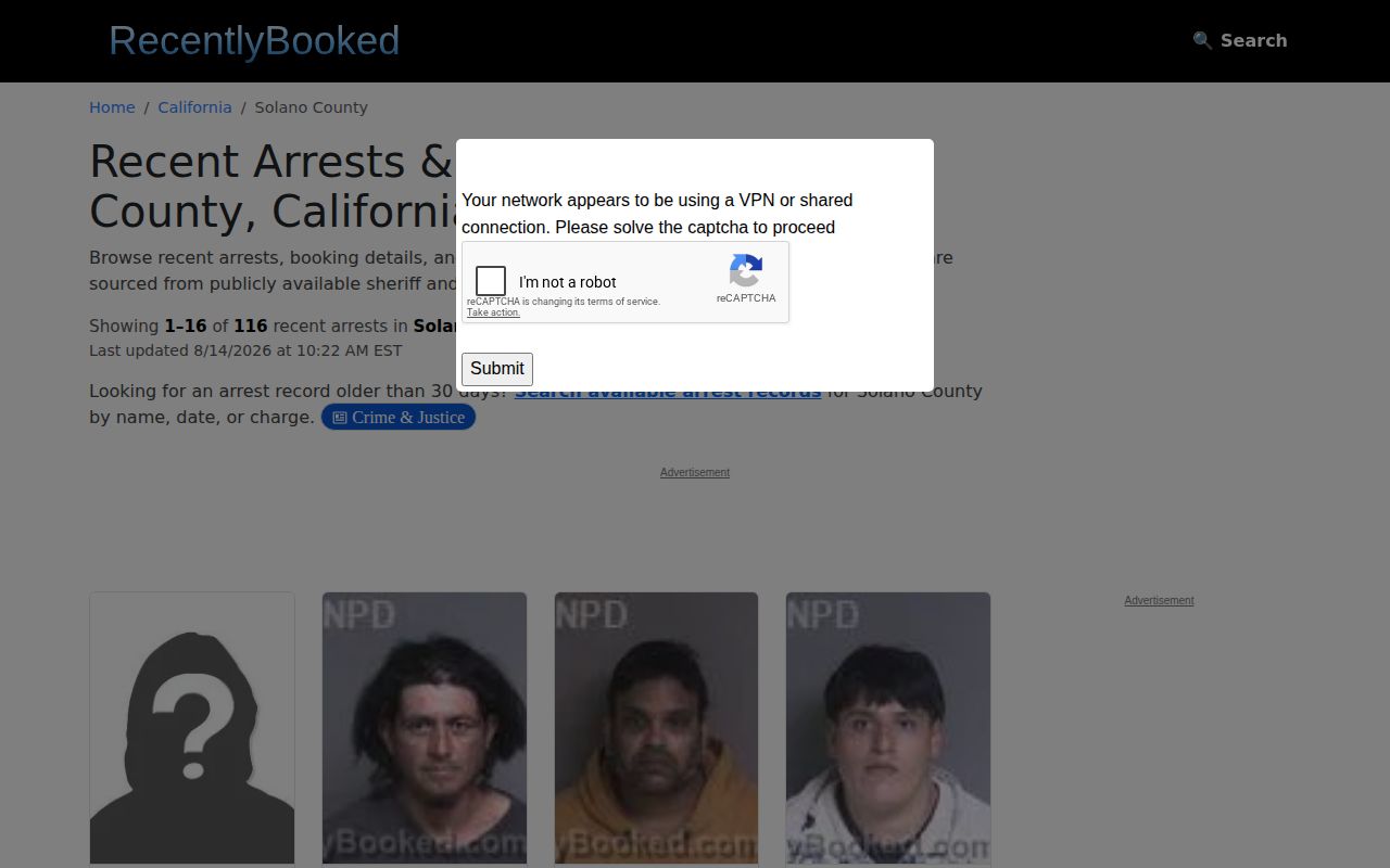 Unofficial Solano County recent booking and mugshot records section