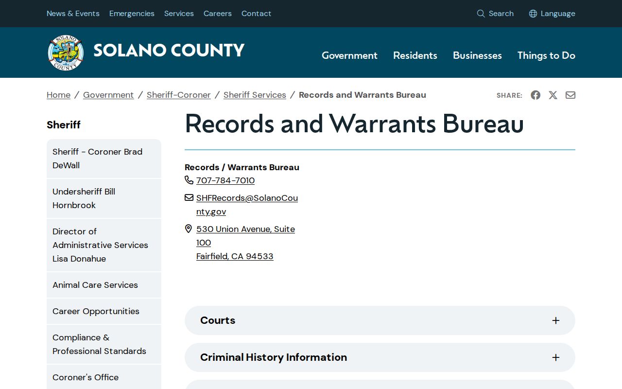 Solano County booking photo and incarceration record request options