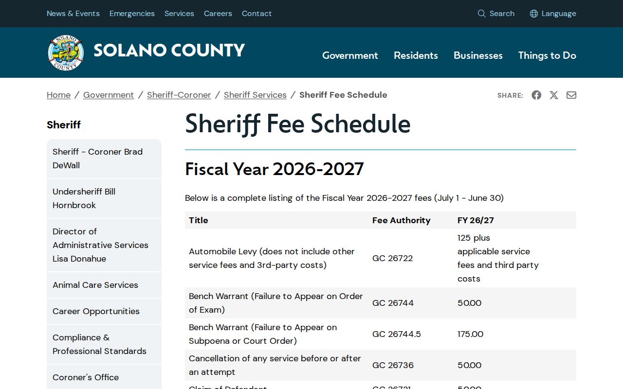 Solano County Sheriff booking mugshot records fee schedule