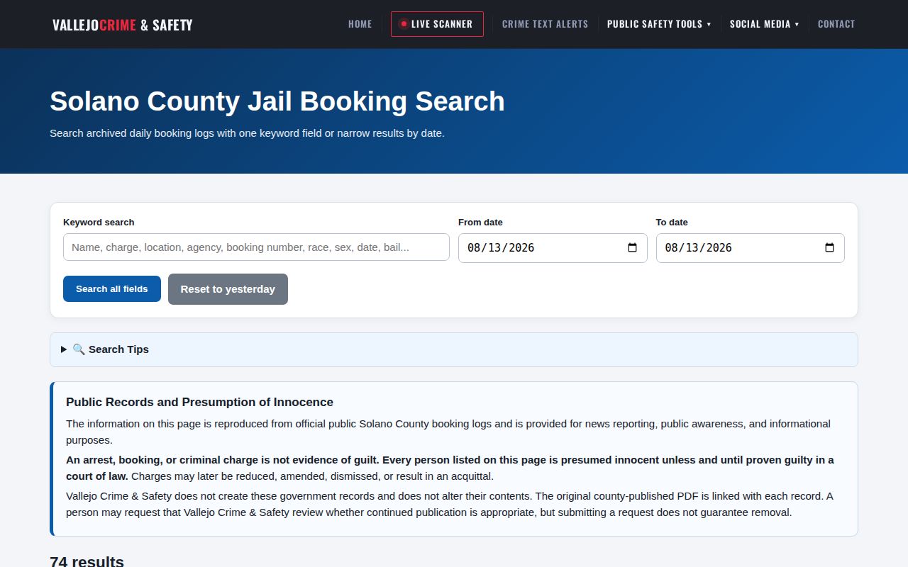 Solano County booking log archive search from Vallejo Crime and Safety